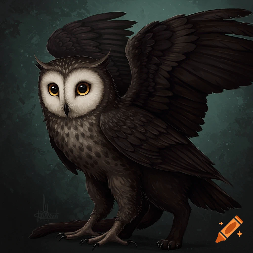 A cat-owl hybrid with large eyes and spread wings.