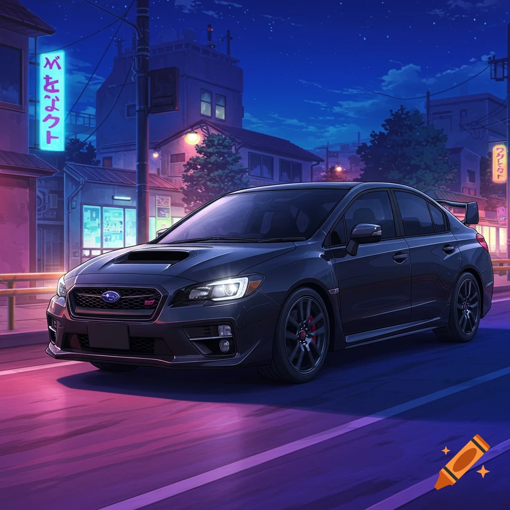 A black Subaru WRX STI drives down a city street at night in anime style.