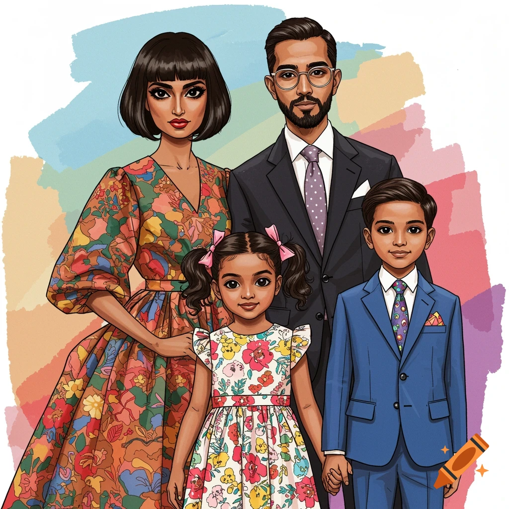A vibrant family portrait featuring diverse individuals in bright, fashion-forward clothing, set against an abstract background.
