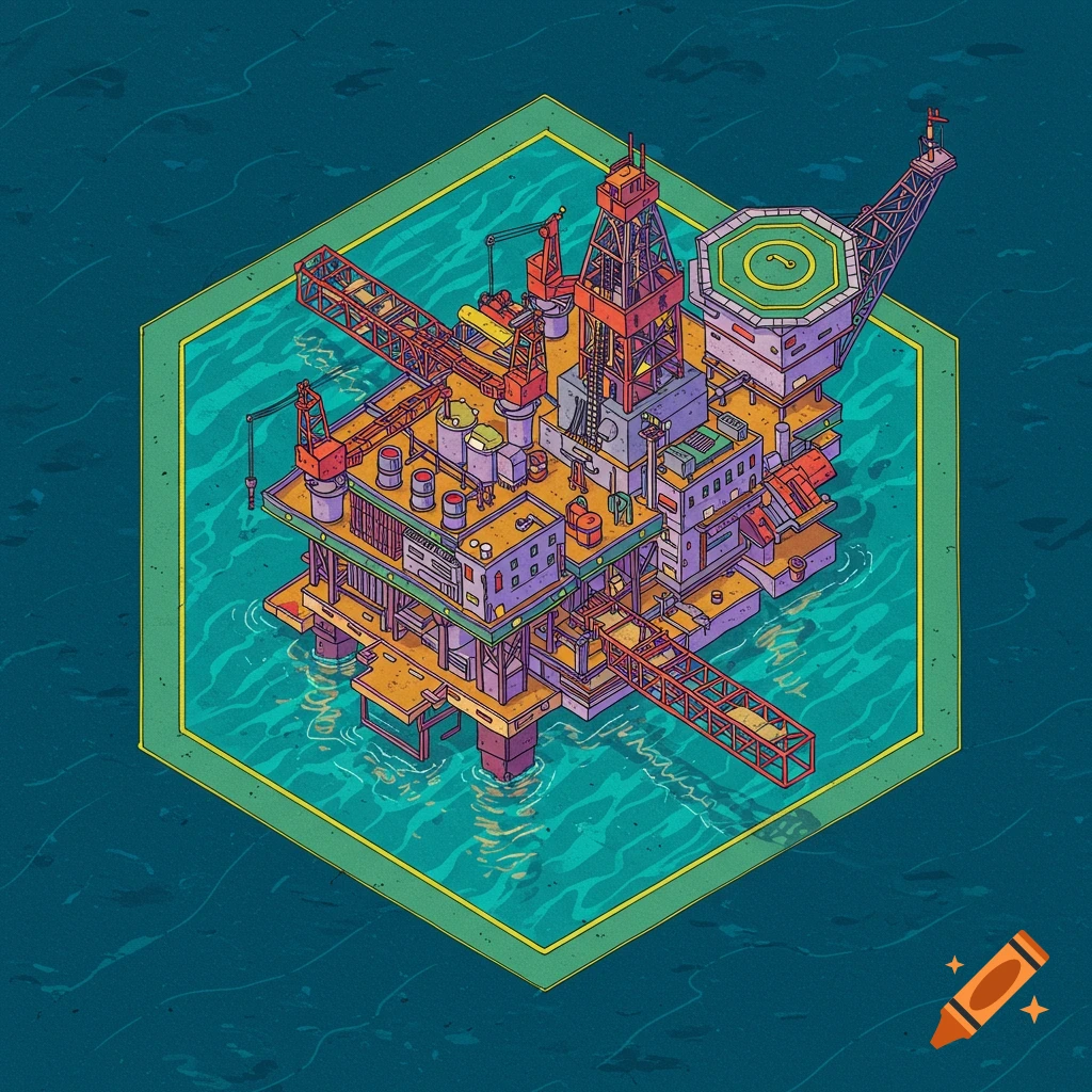 Top-down digital illustration of an oil rig inside a hexagonal border on water.