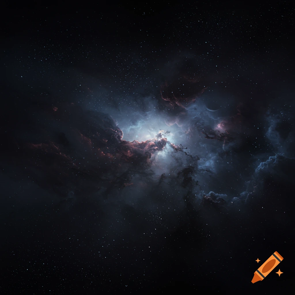 A dark nebula with bright gas clouds and stars in space.