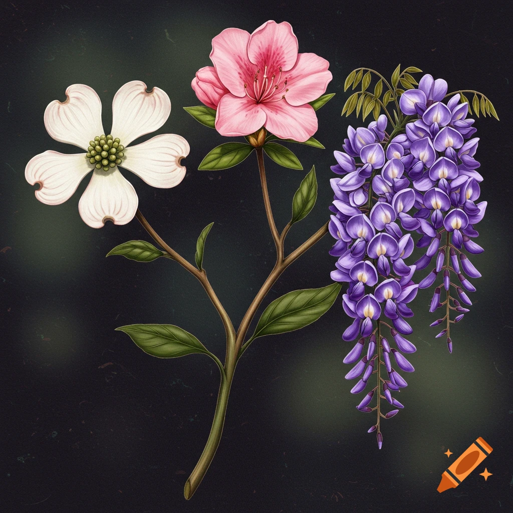 Dogwood, pink azalea, and purple wisteria blooms on a dark background.