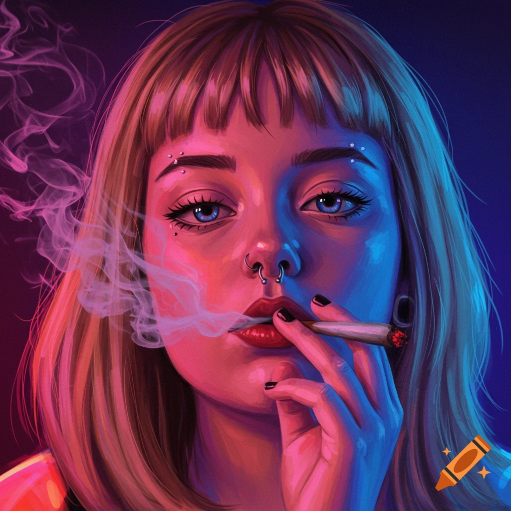 A young woman with a septum piercing is smoking, in a neoncore style.