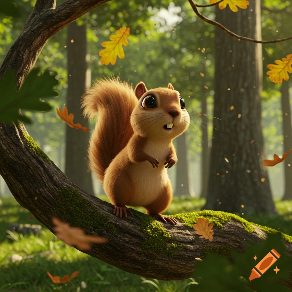 A cute 3D rendered squirrel sits on a mossy branch in a forest.