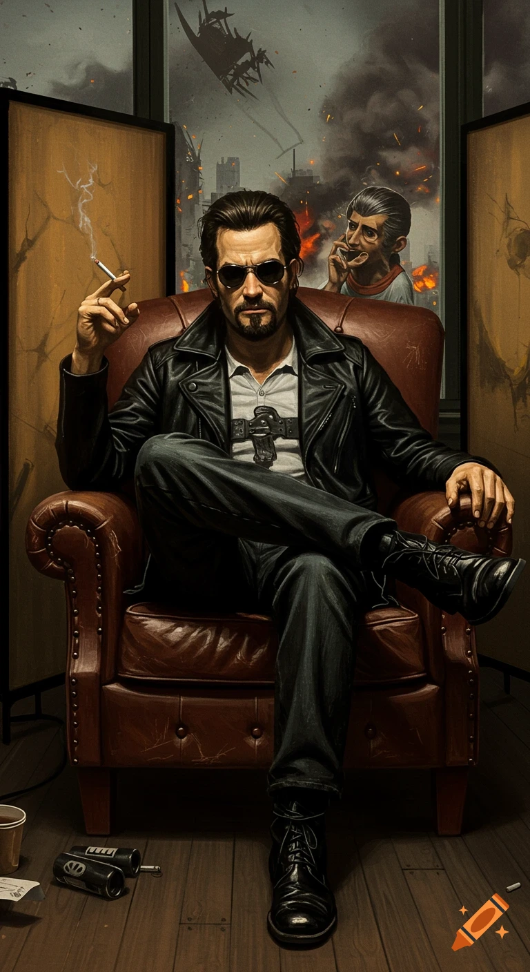 Illustration of a man in a leather jacket smoking a cigarette while sitting in a chair before an apocalyptic cityscape.