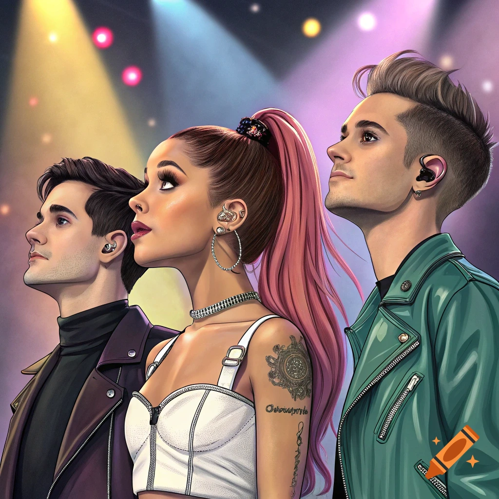 Three people resembling Ariana Grande, Brendon Urie, and Halsey look upwards on a stage with lights, wearing leather jackets and listening devices.