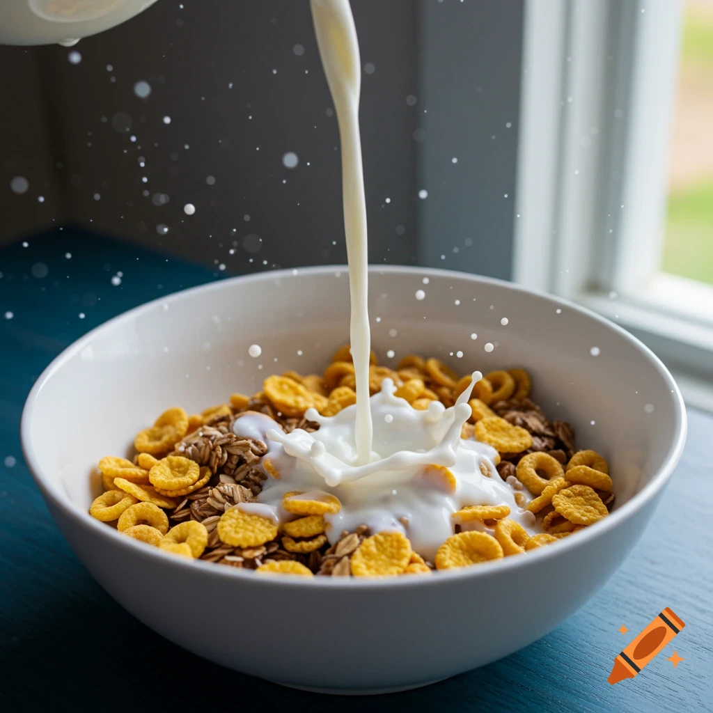 Milk is poured into a bowl of cereal and granola, creating a splash.