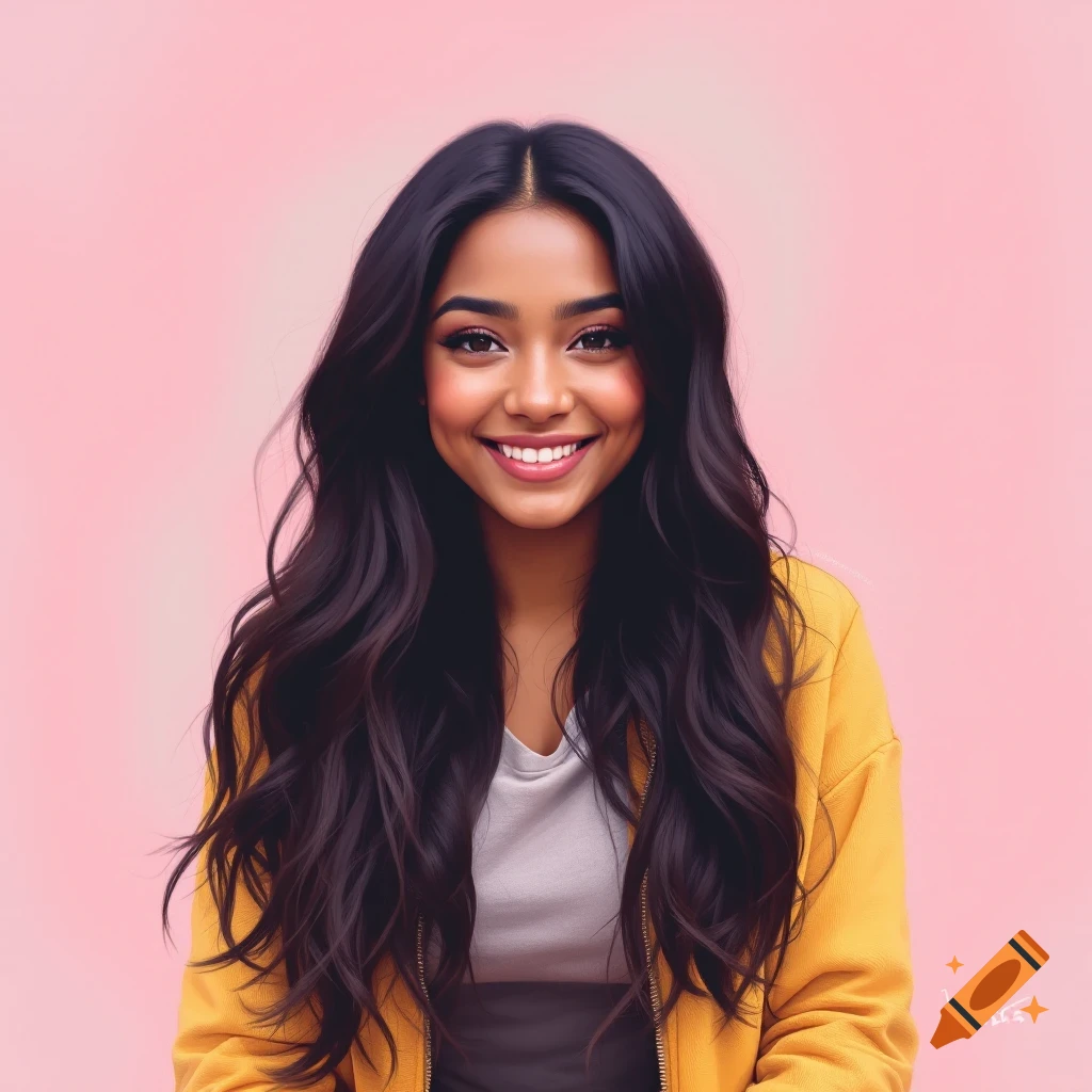 A smiling young woman with long dark hair wears a yellow jacket against a pink background.