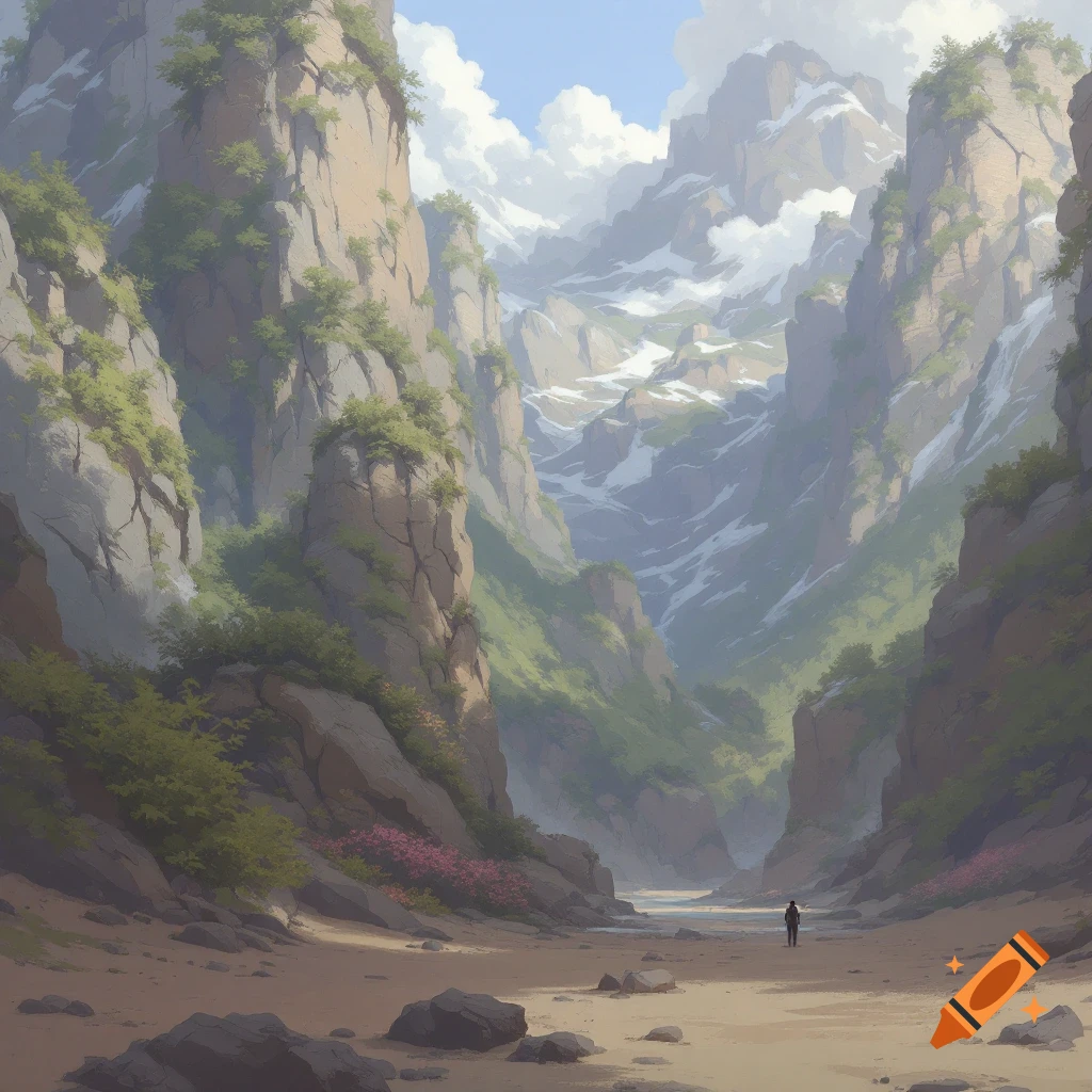 A vast mountain canyon with a small figure walking on a path.