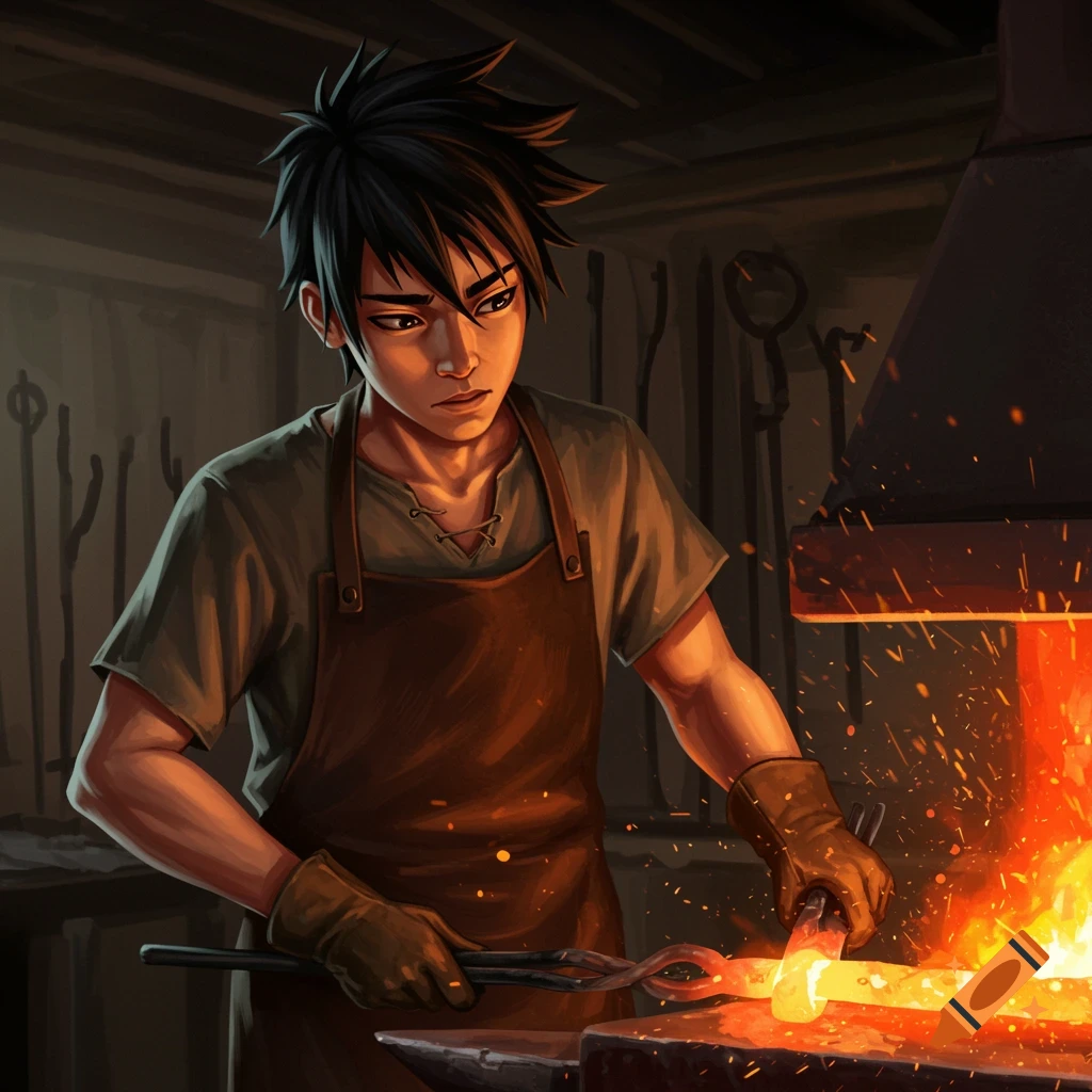 A teenage blacksmith hammering glowing metal at a forge.