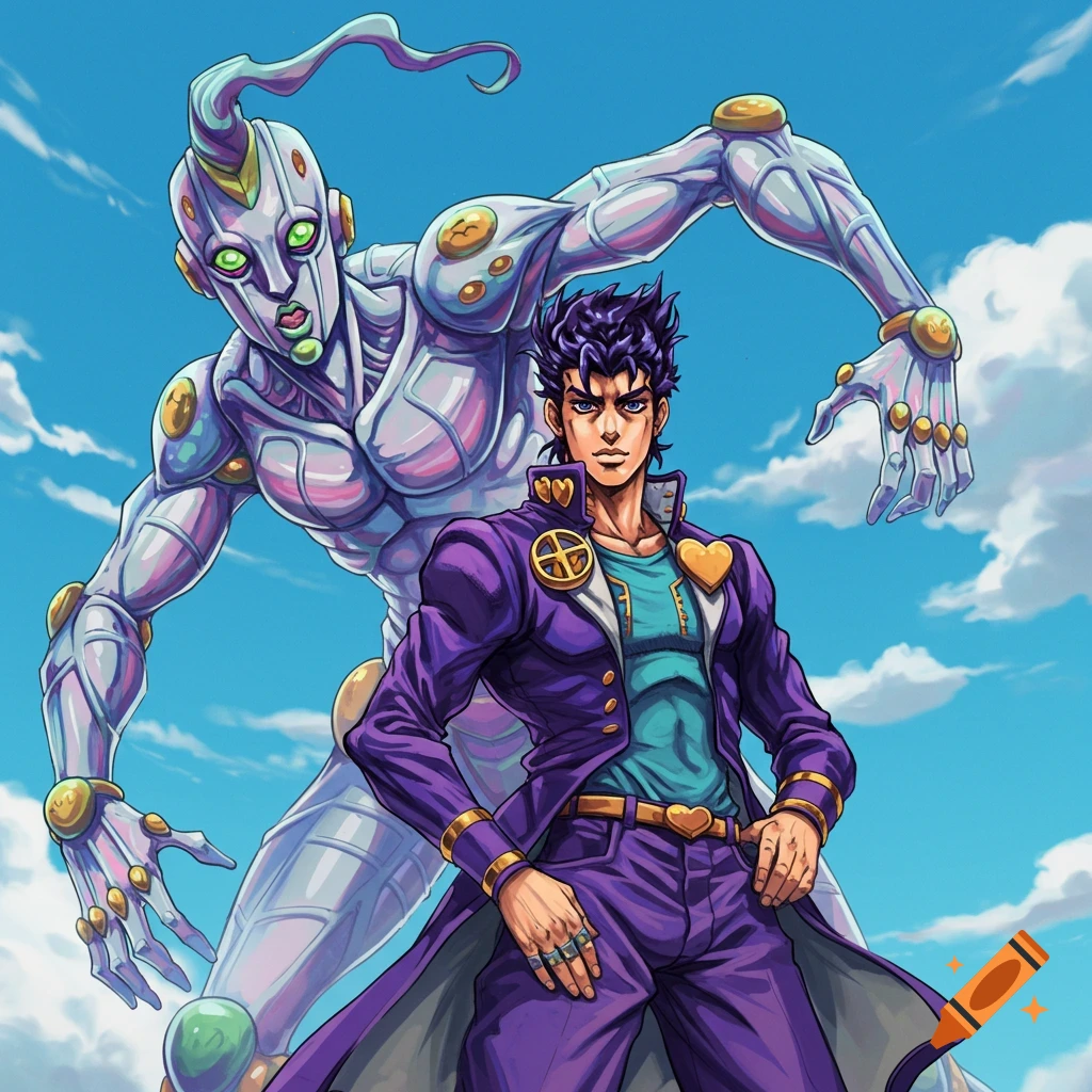 A man in a purple coat posing with a white stand-like figure against a blue sky.