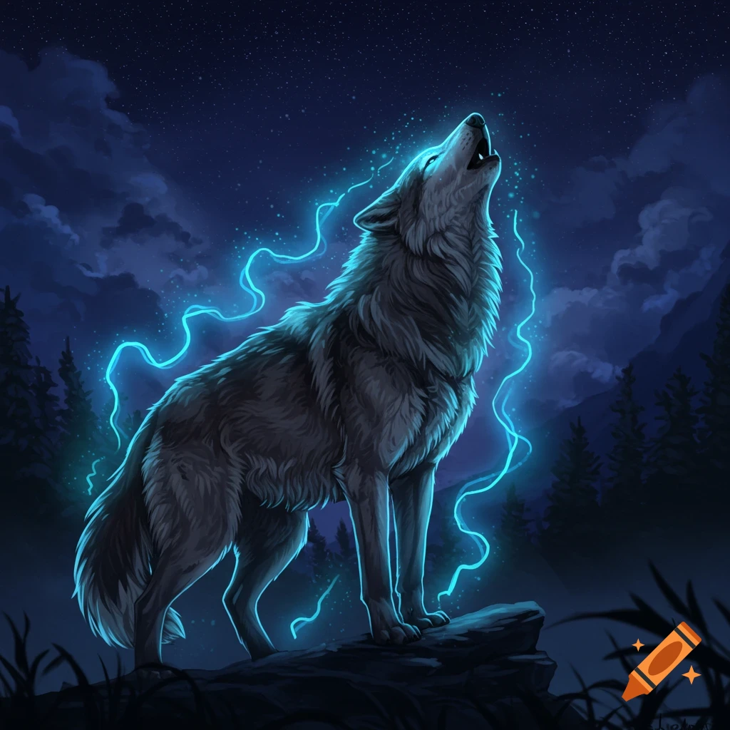 A wolf howling at the night sky with a blue aura in a forest.