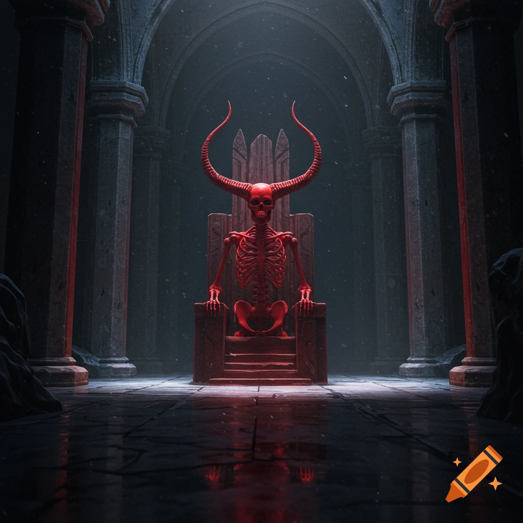 Red skeleton with large horns sits on a throne in a dark, snowy throne room.