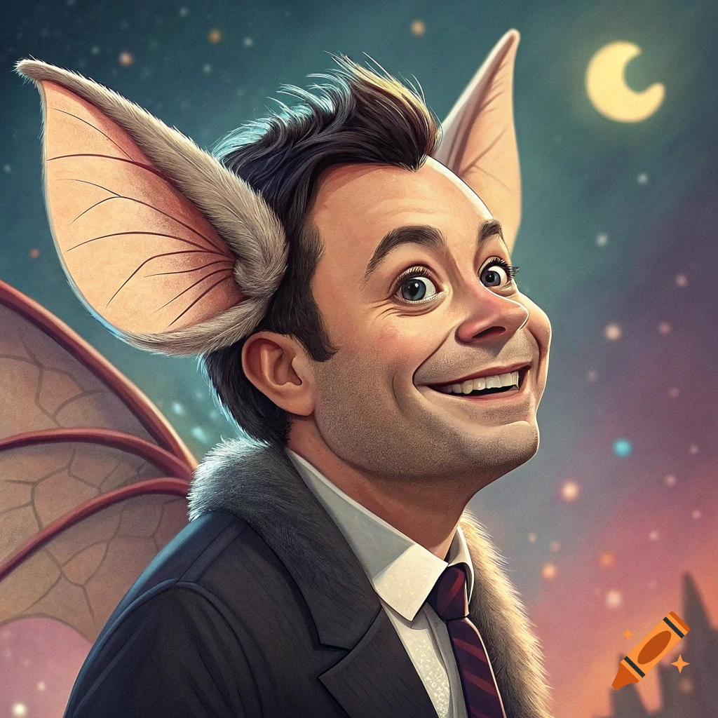 Caricature of a smiling man with large bat ears and wings, wearing a suit, against a starry night sky.