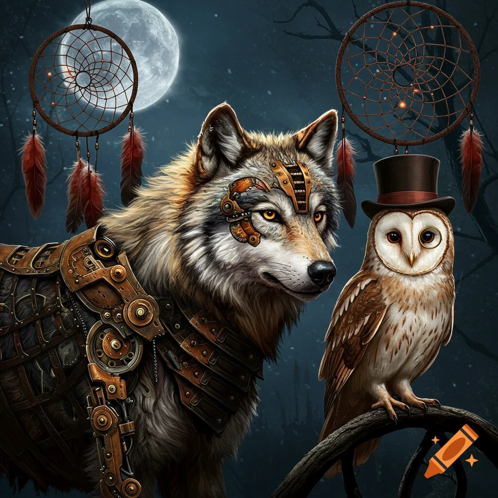 Steampunk wolf and owl under moonlight with dreamcatchers
