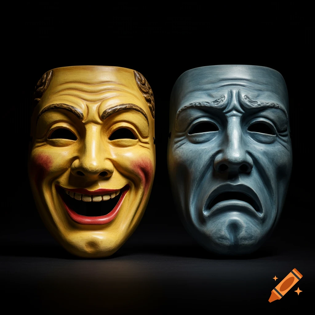 Two theatrical masks, one yellow smiling and one blue frowning, against a black background.