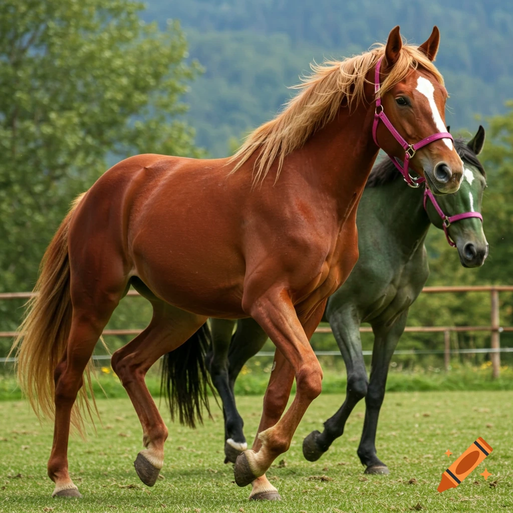 Two horses running in a field, one reddish-brown with a gold mane, the other dark green.