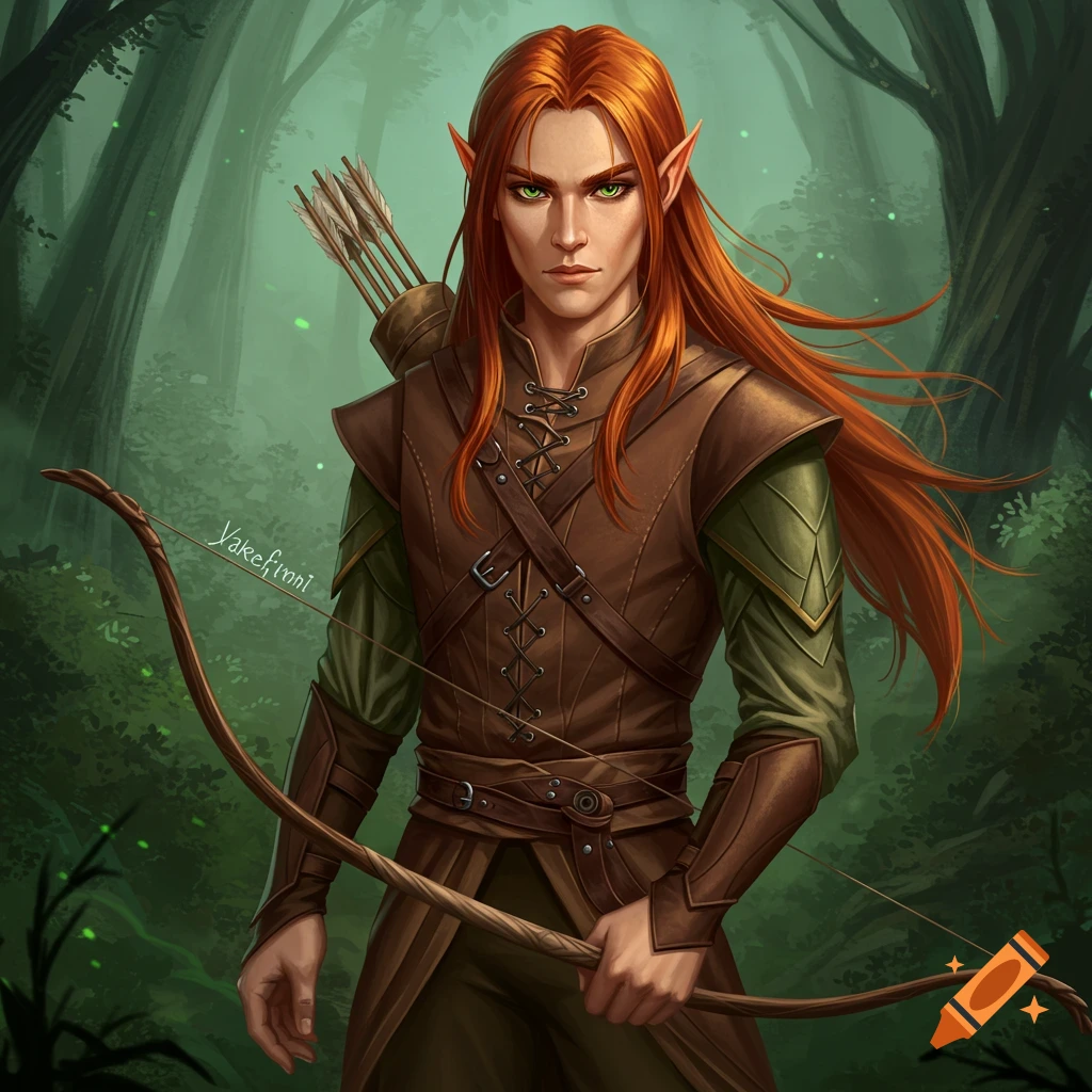 An elf archer with red hair holding a bow in a forest.