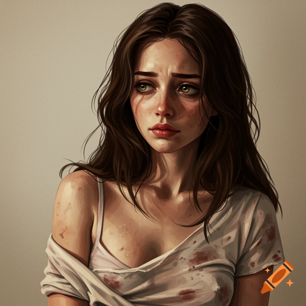 Portrait of a young woman with a melancholic expression and stained shirt.