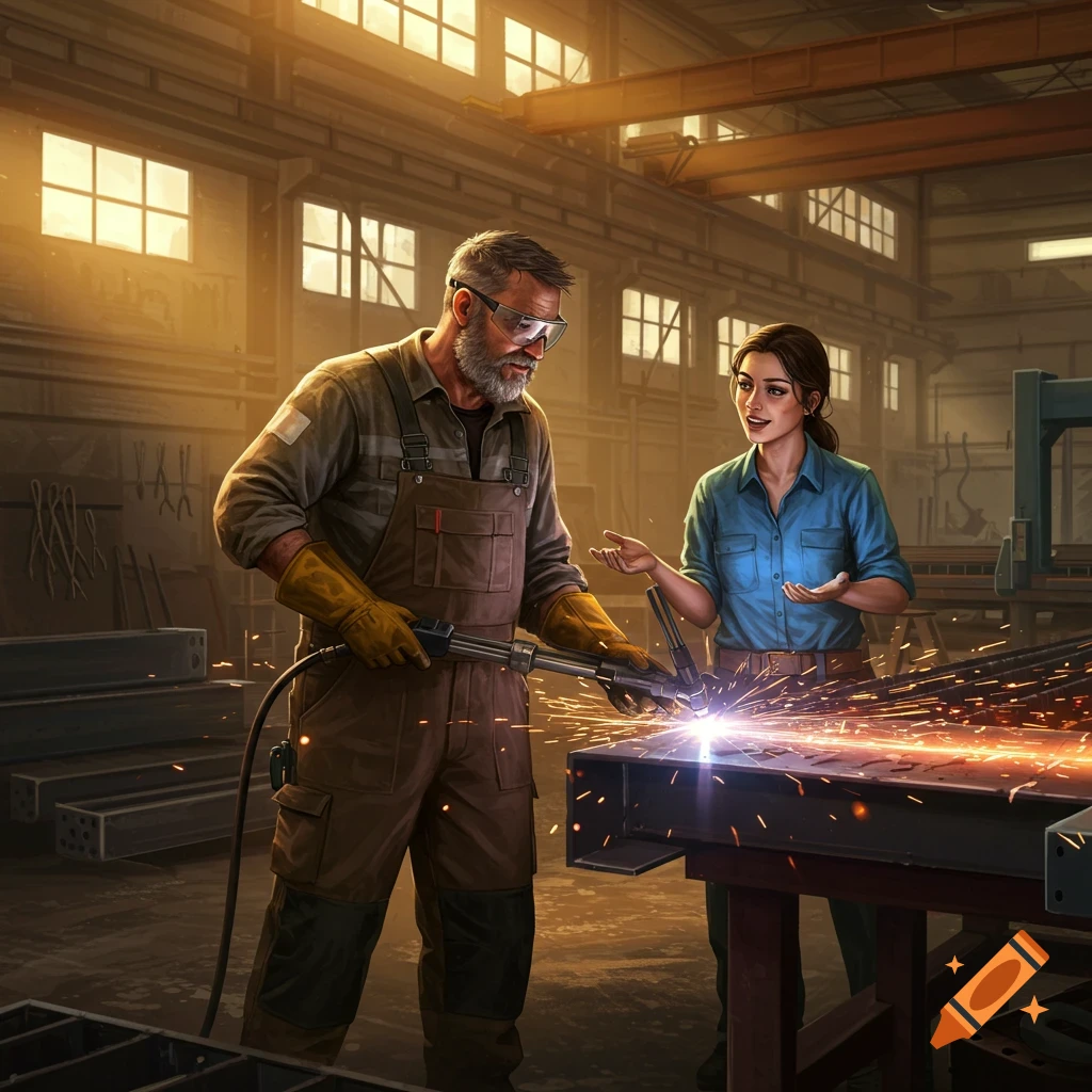 A worker welds steel in a fabrication shop while another worker talks to him.