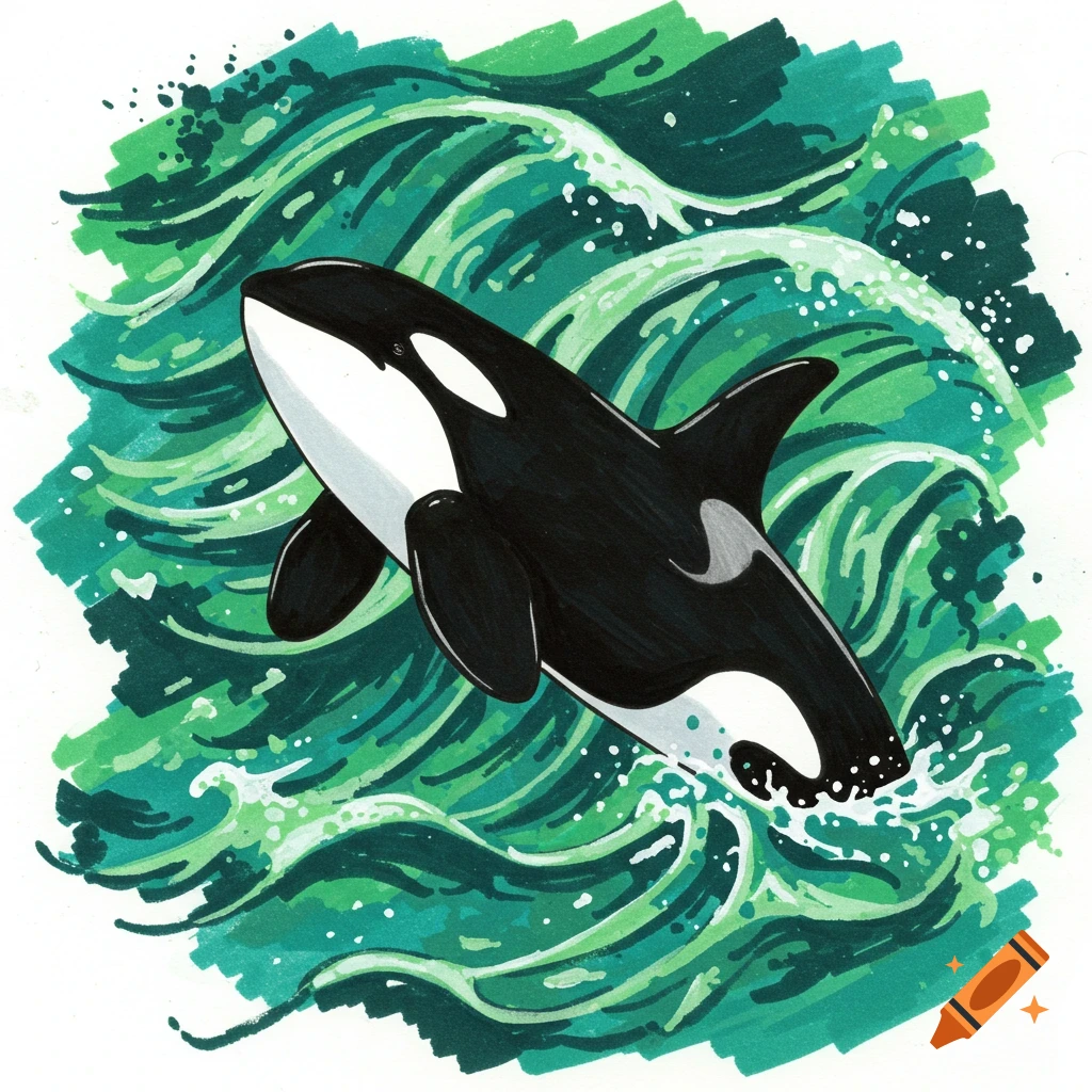 An illustration of an orca swimming through green waves, rendered in marker and colored pencil style.