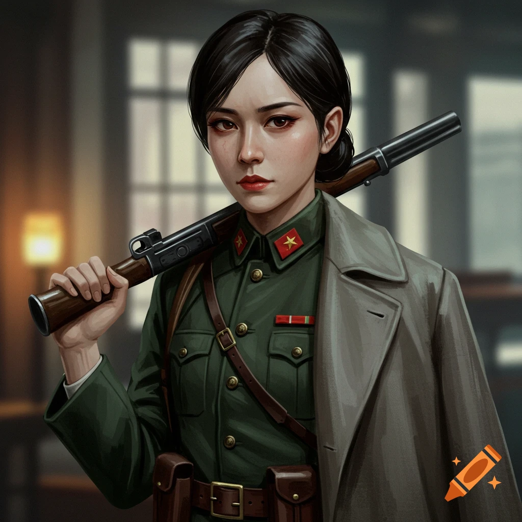 A woman in a military uniform is holding a rifle over her shoulder.