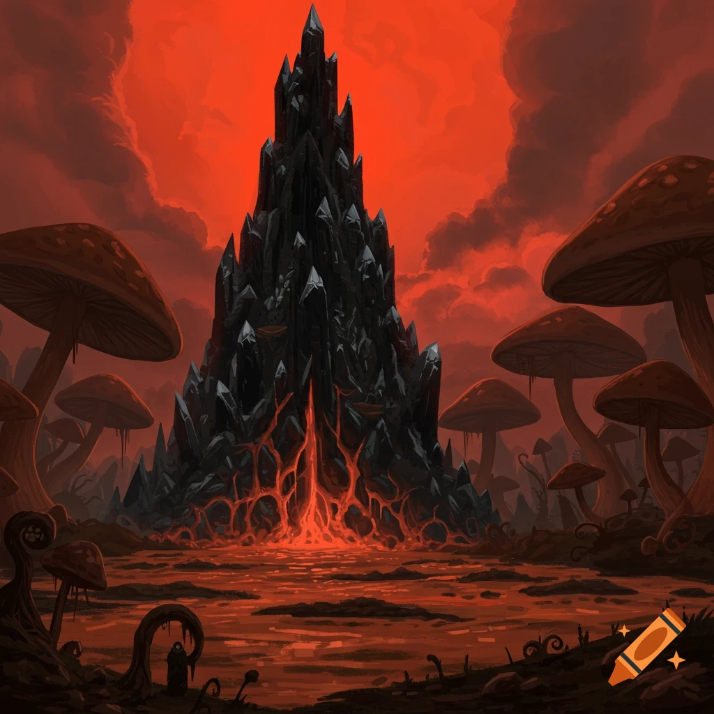 A dark crystal tower stands in a red, mushroom-filled swamp under a smoky red sky.