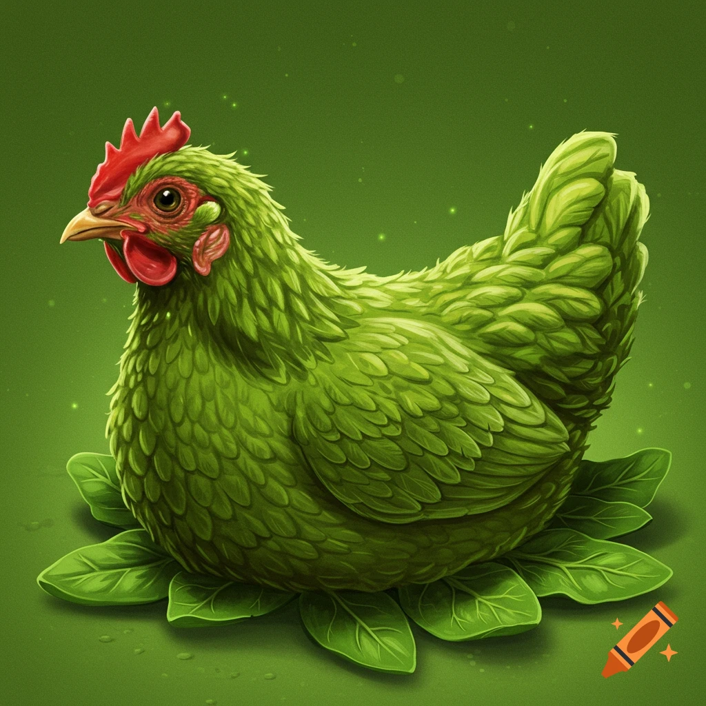 A green chicken sits on a bed of leaves.