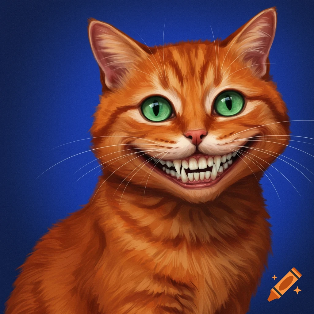 An orange cat with human teeth and big green eyes.