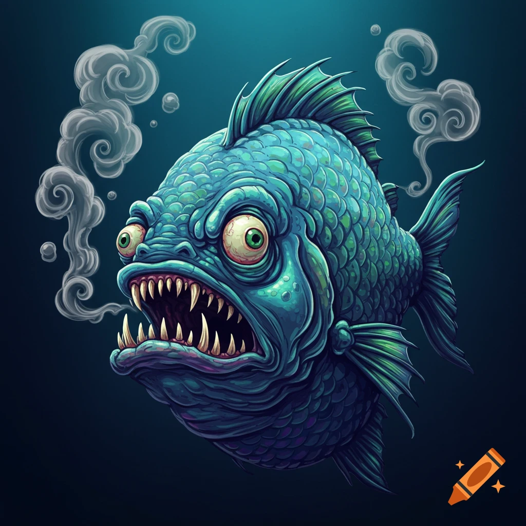 Grotesque blue fish with bulging eyes, sharp teeth, and smoke