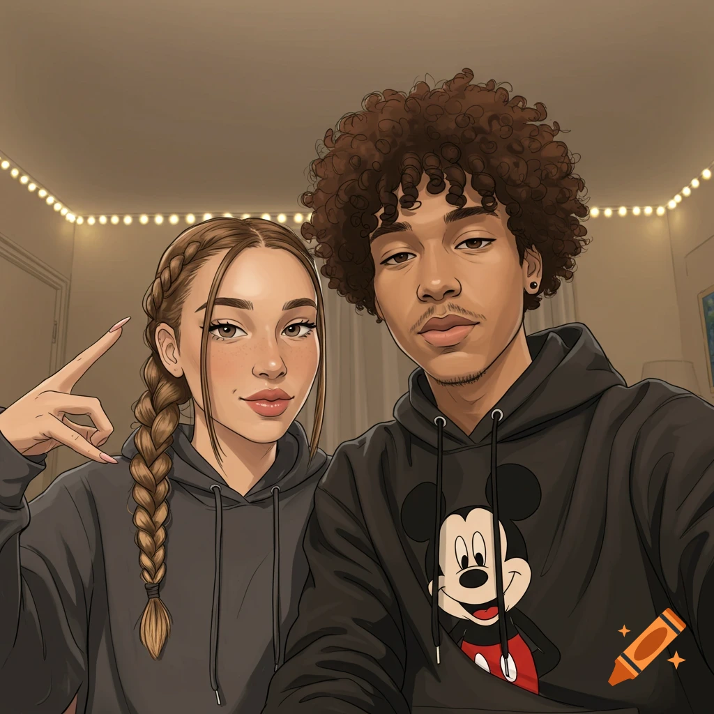 A cartoon selfie of a girl with a long braid and a boy with curly hair wearing hoodies, with string lights in the background.
