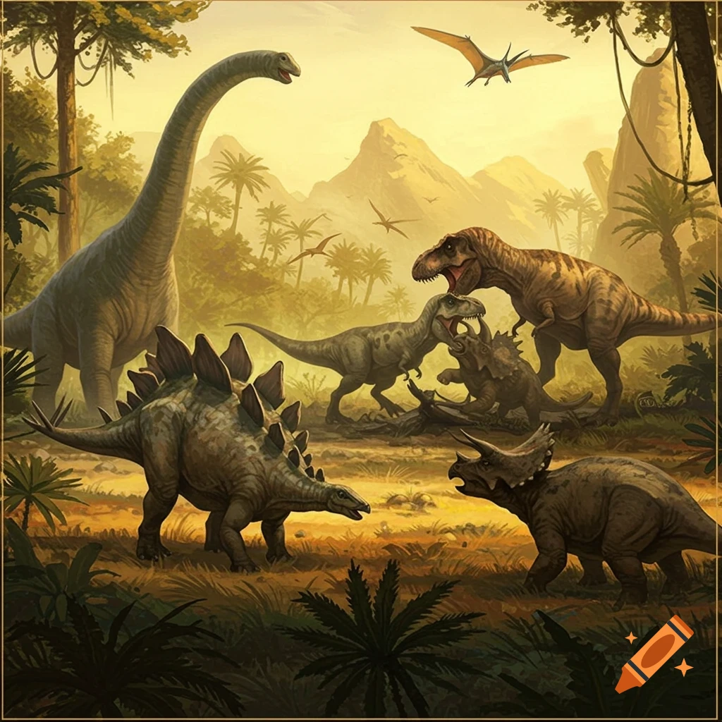 A diverse group of dinosaurs including Brontosaurus, Stegosaurus, T-Rex, and Triceratops are shown in a prehistoric landscape.