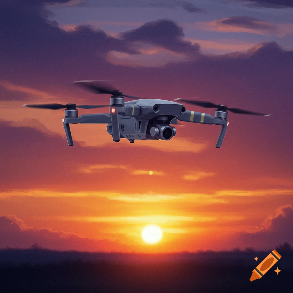A drone flying in the sky during a vibrant sunset.