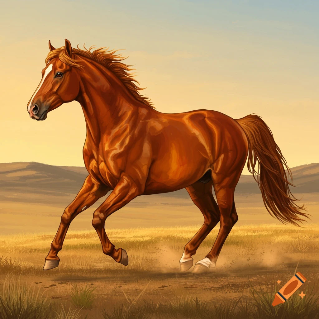 A brown horse runs through a grassy landscape at sunset.