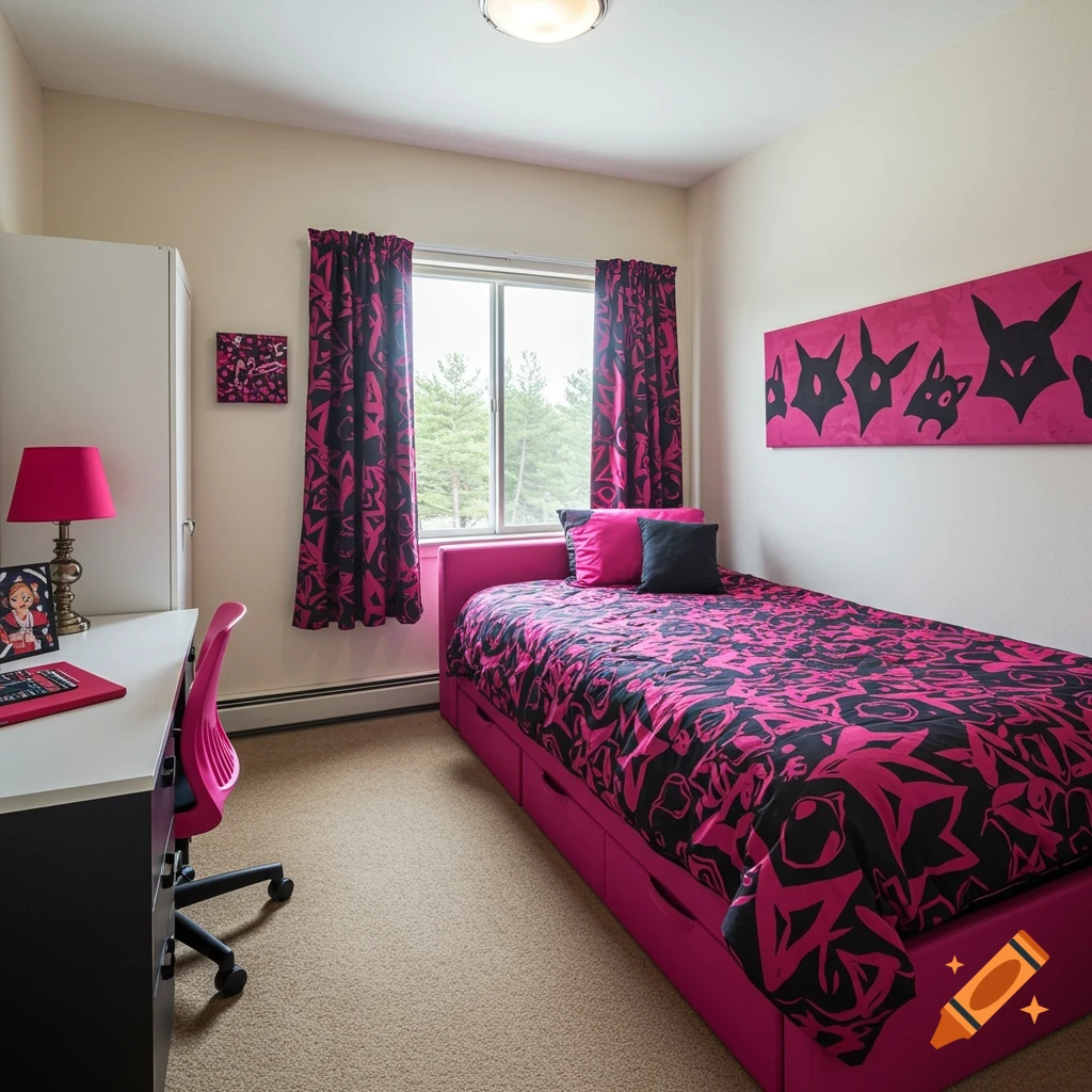 A pink and black Y2K style bedroom with a bed, desk, chair, and window.
