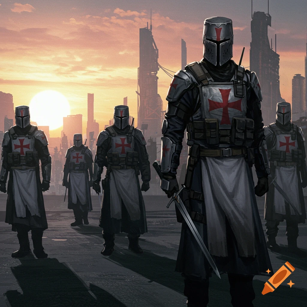 A group of armored figures resembling knights templar stand in a futuristic city landscape at sunset.