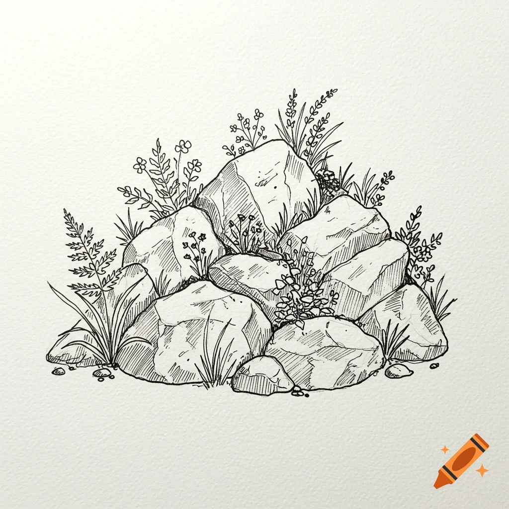 An outline drawing of a patch of rocks with little plants and ferns growing around them.