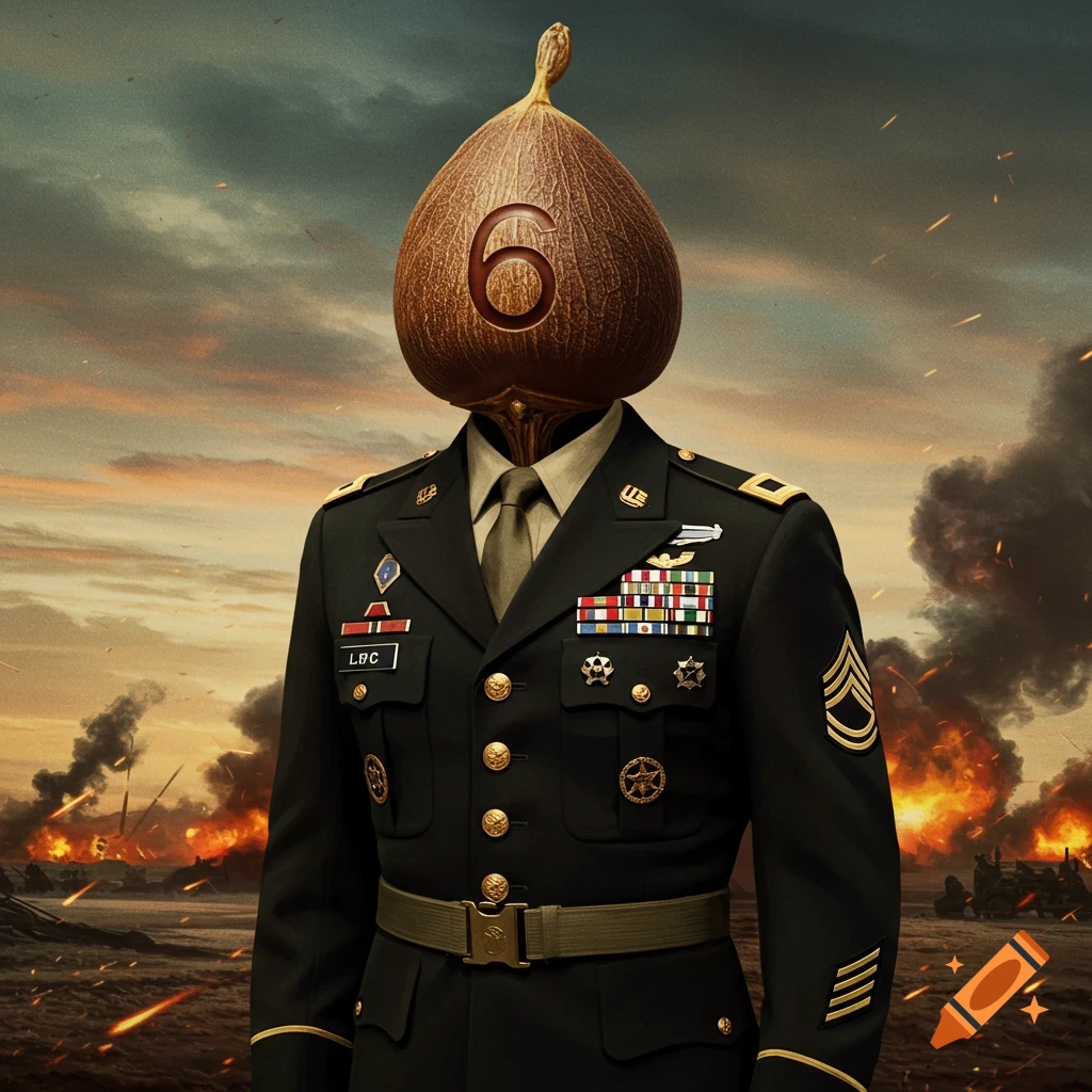 A figure in a US army uniform with a large seed for a head, featuring the number 6, standing in a smoky battlefield.