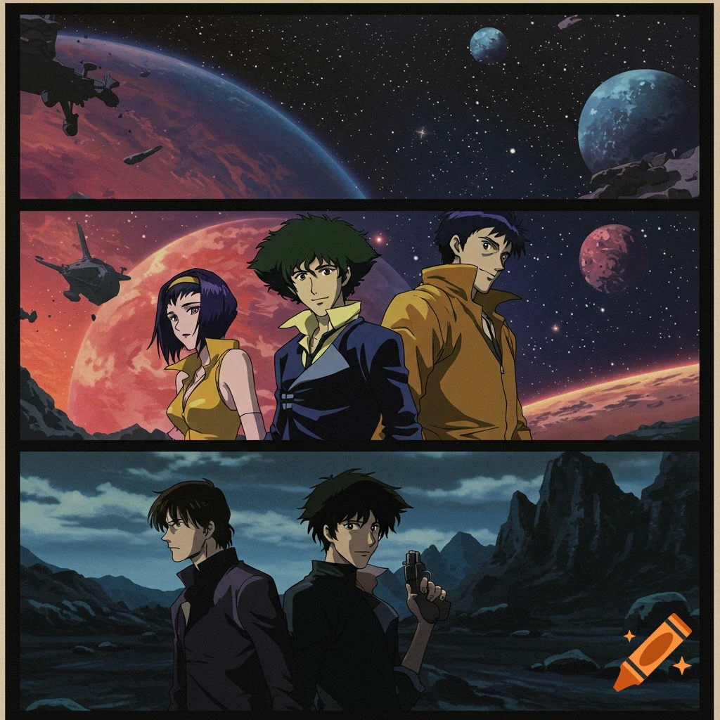 Anime characters in space and on a planet in three panels.