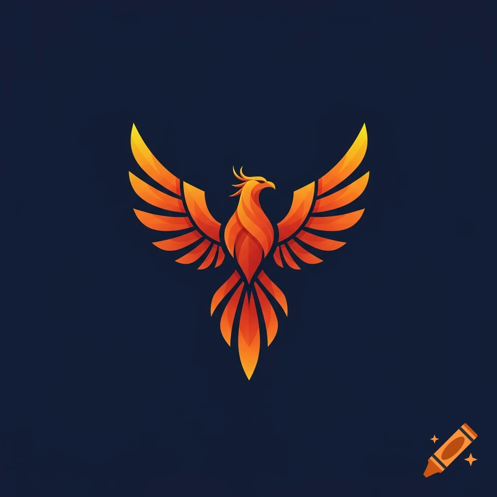 A stylized orange phoenix logo with wings spread against a dark blue background.