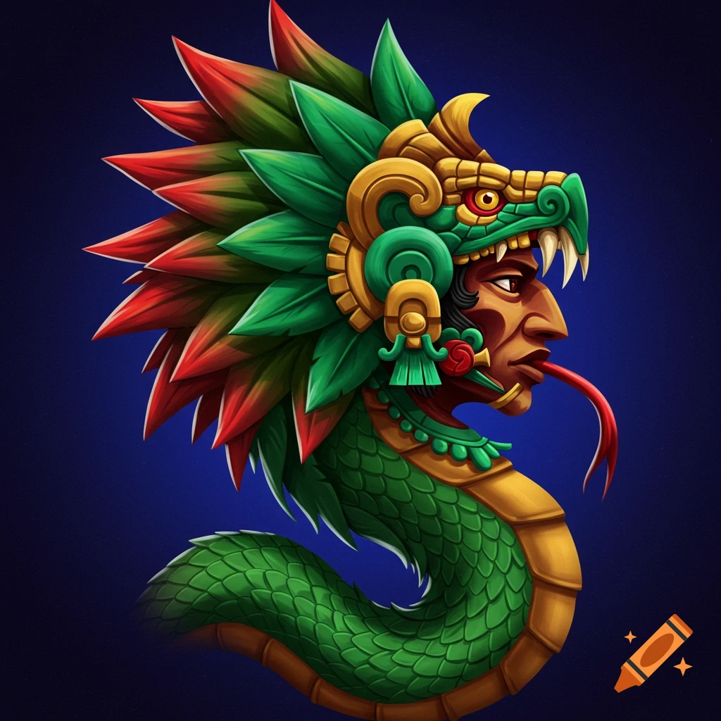 Profile image of Quetzalcoatl, a human face emerging from a feathered serpent head and body.