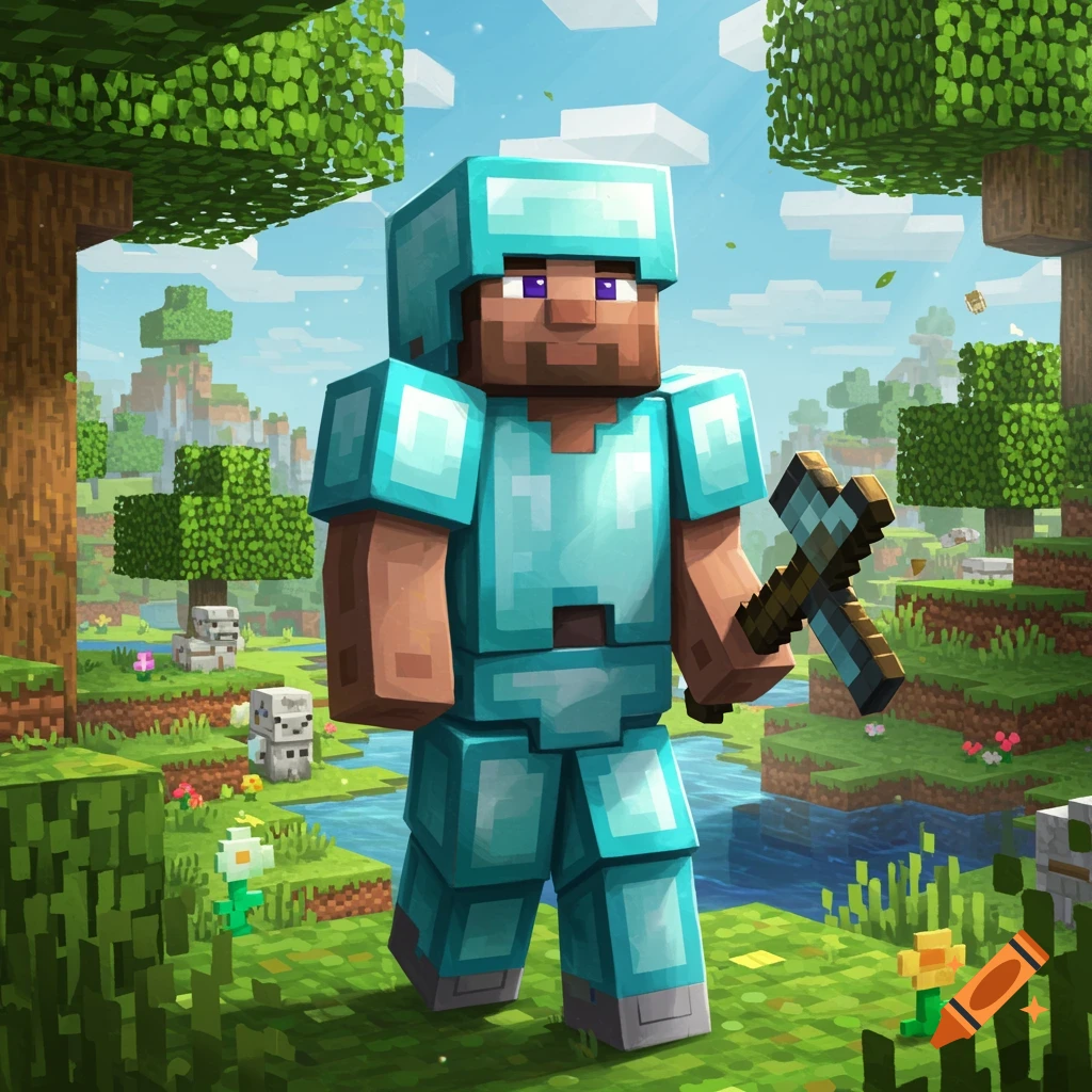 Minecraft character Steve in diamond armor holding a pickaxe in a blocky landscape