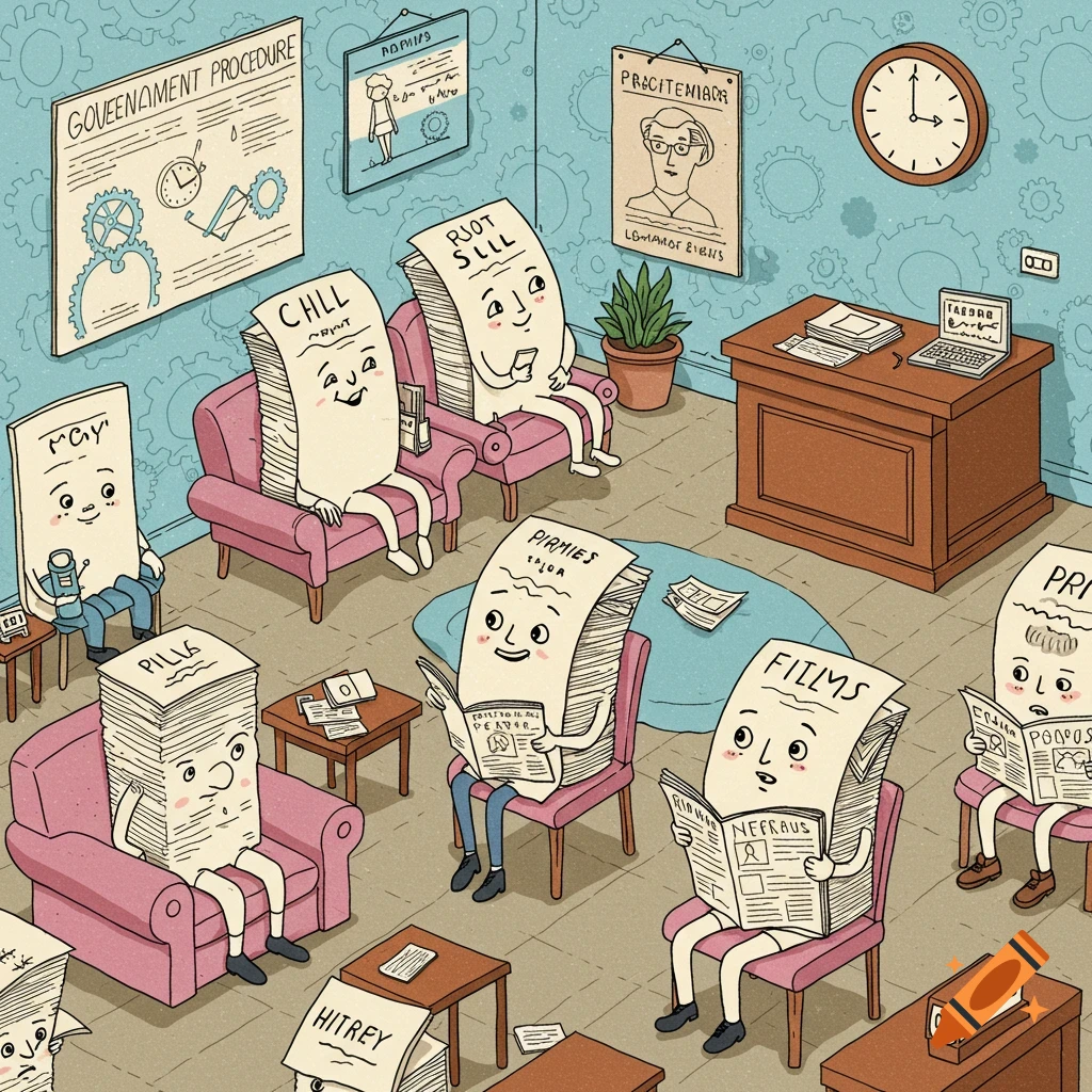 Cartoon bills with faces sitting in a waiting room.