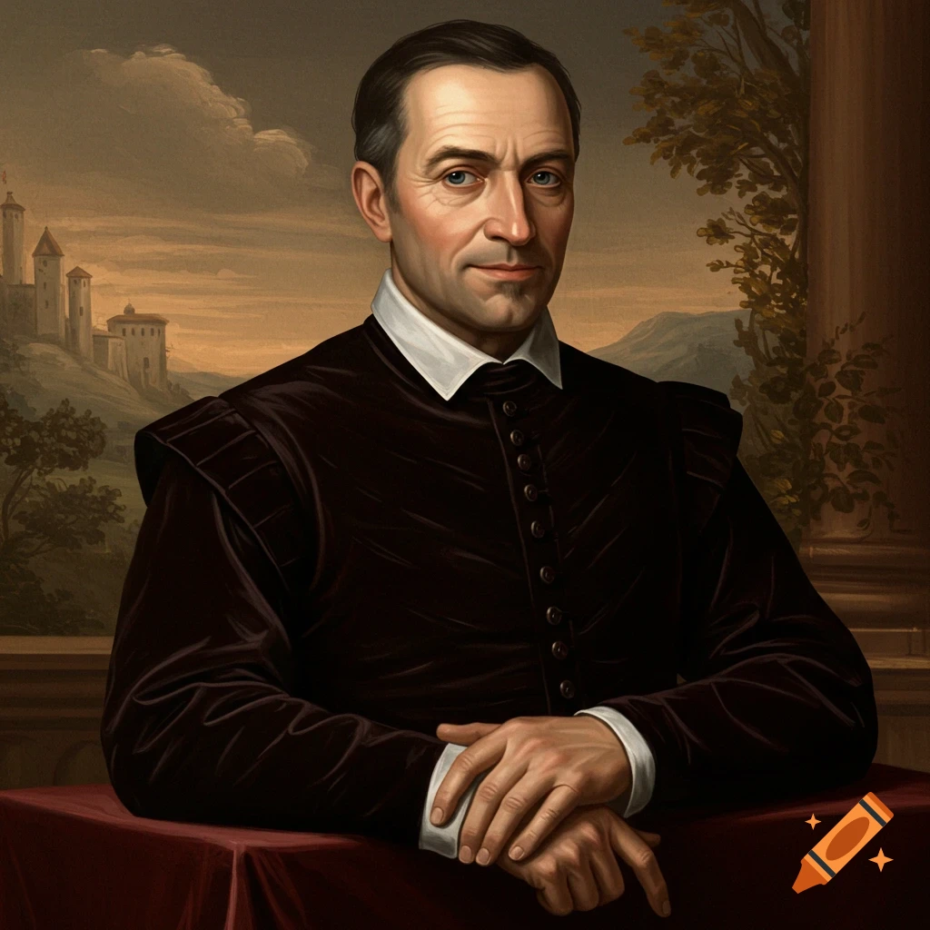 A man in historical dark clothing with a white collar sits with hands clasped, against a backdrop of a castle and landscape.
