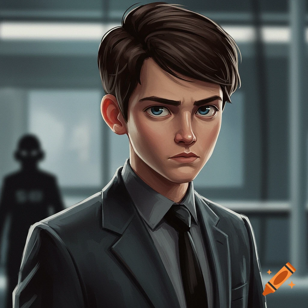 A young man with brown hair and blue eyes wears a dark suit and tie while standing in a blurred office hallway.