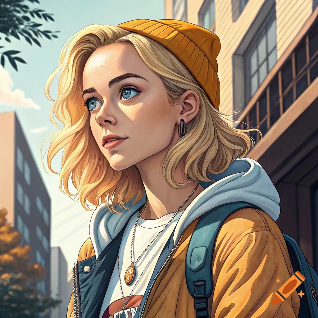 Stylized portrait of a young woman with blonde hair, blue eyes, wearing a yellow beanie, jacket, and backpack in an urban setting.