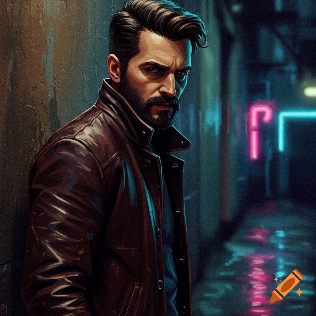 A man in a leather jacket leans against a wall in a neon-lit alley.