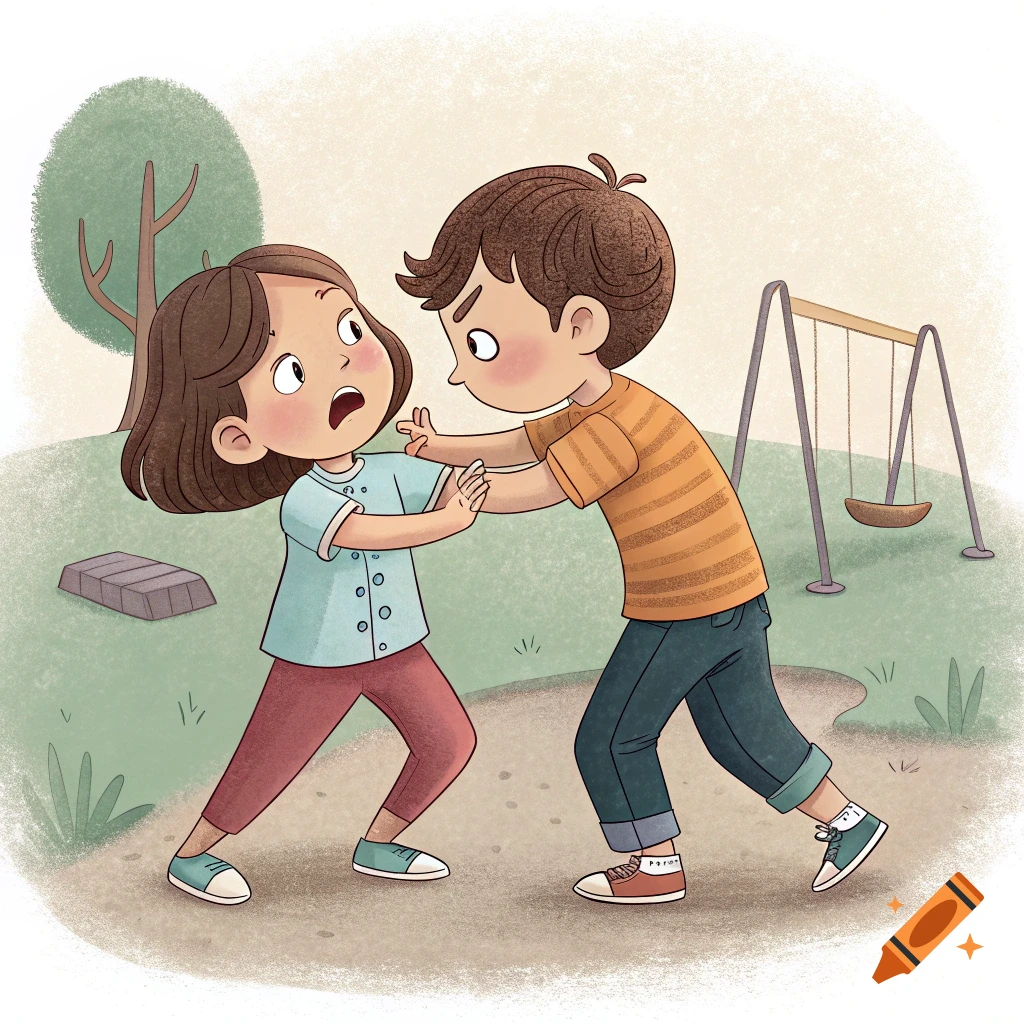 Cartoon illustration of a boy pushing a girl on a playground.