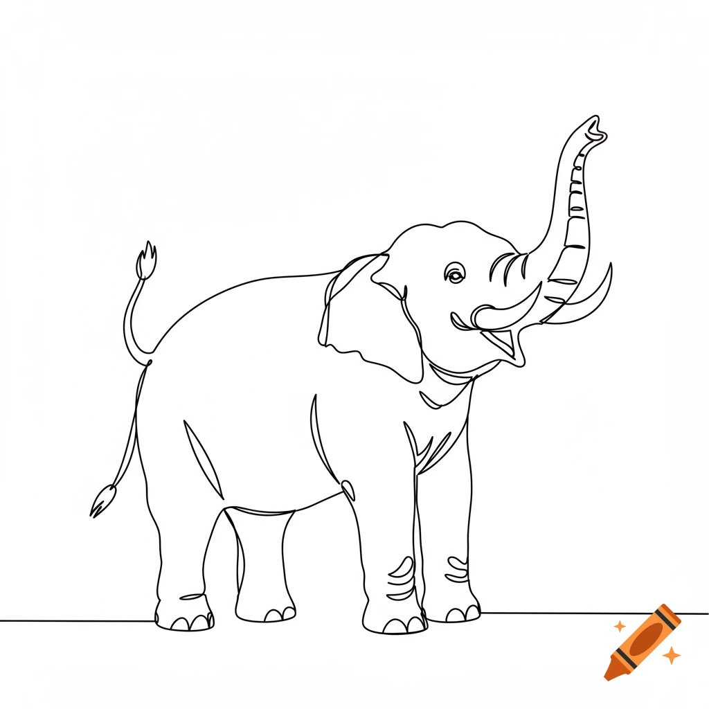 A continuous line drawing of an elephant with its trunk raised.