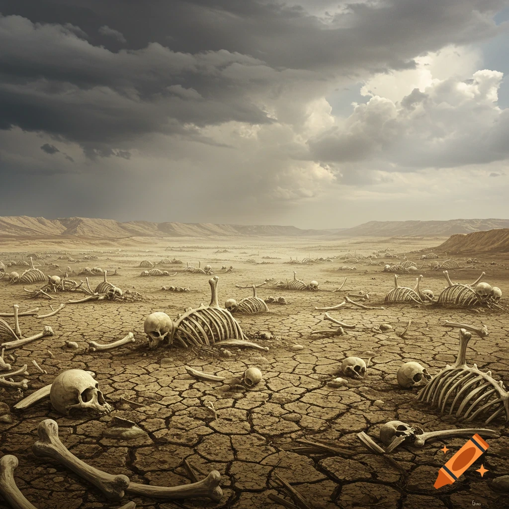 A desolate valley floor is covered in skeletons and skulls under a dark, cloudy sky.